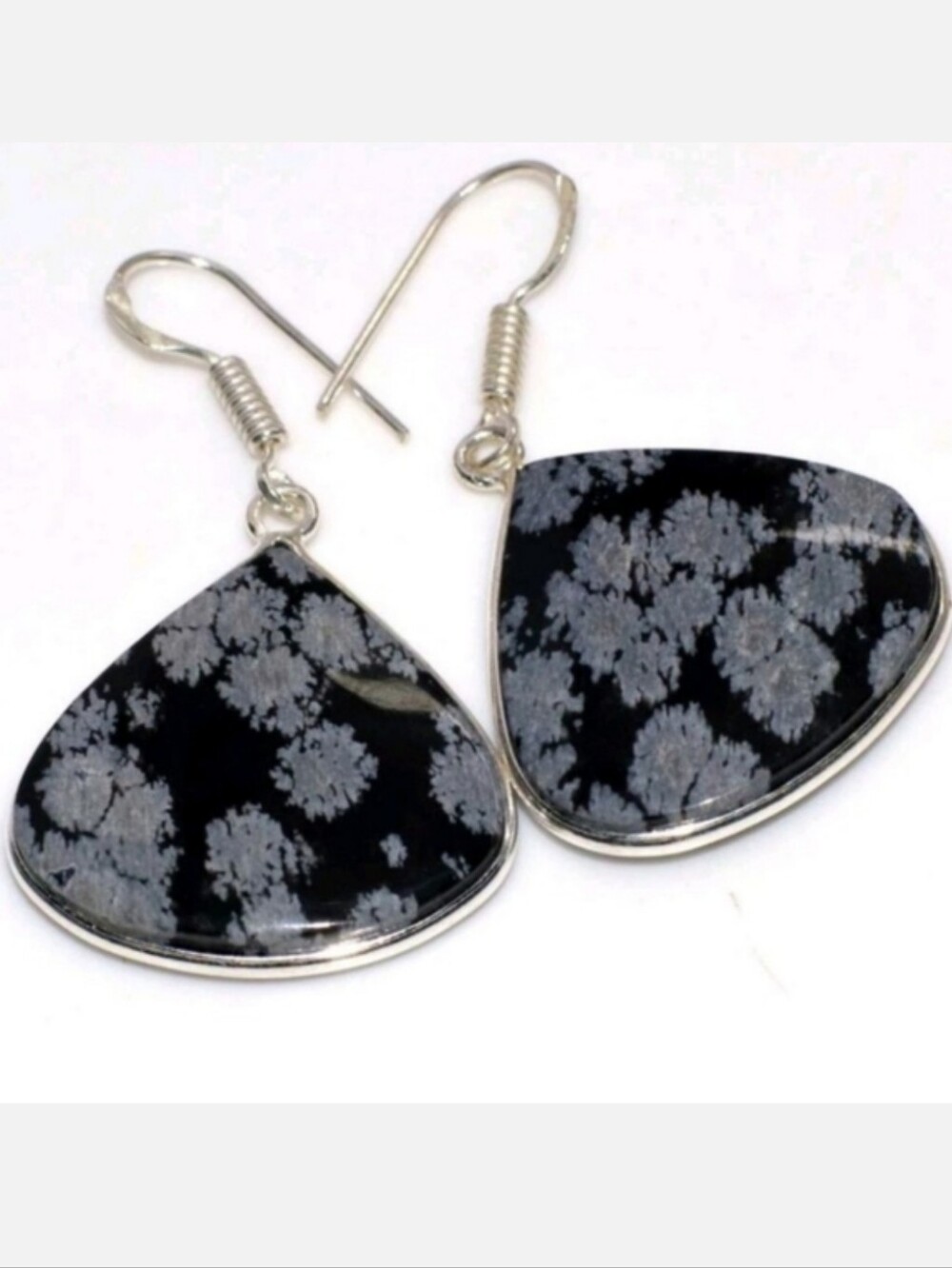 Snowflake Obsidian Gemstone 925 Sterling Silver Drop Dangle Earrings